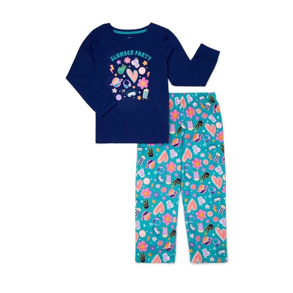 Wonder Nation Girls Long Sleeve Top and Wide Leg Pant Pajama Set, 2-Piece, SizeM